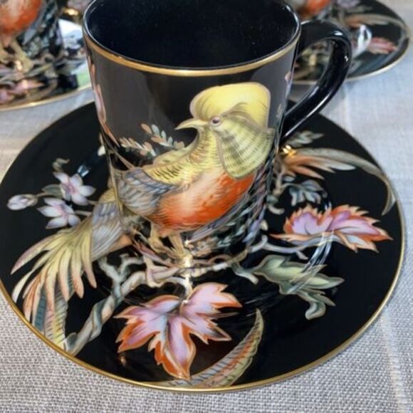 6 Pcs Fitz&Floyd Chinese Pheasant Plate& Mug 14K Trim Black Olive Made In Japan - Picture 3 of 10